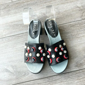 Ateliers Black Leather Studded  Heeled Slide Sandal